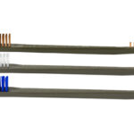 Three toothbrushes laid parallel, each with bristle heads in orange, white, and blue colors.