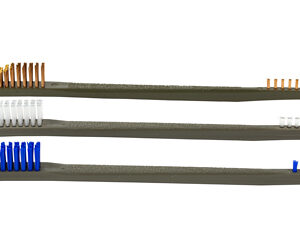Three toothbrushes laid parallel, each with bristle heads in orange, white, and blue colors.