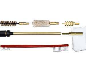 Gun cleaning kit with brass cleaning rods, brushes, jags, patches, a bore snake, solvent bottle, and cloth