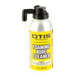 Foaming bore cleaner spray bottle with a yellow label labeled OTIS Technology, used for firearm barrel cleaning.