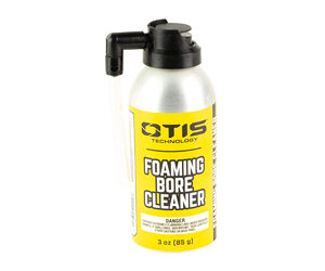 Foaming bore cleaner spray bottle with a yellow label labeled OTIS Technology, used for firearm barrel cleaning.