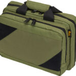 Olive green brief-style bag with multiple zippered compartments and black handles, shown at an angle.