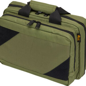 Olive green brief-style bag with multiple zippered compartments and black handles, shown at an angle.