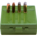 Four rifle cartridges standing upright in a green plastic ammo case with a latch at the front.