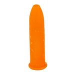 Orange silicone sex toy shaped like a bullet, standing upright on a white background.