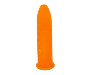 Orange silicone sex toy shaped like a bullet, standing upright on a white background.