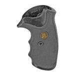 Ergonomic textured pistol grip with finger grooves and a gold emblem, a replacement grip for a handgun.