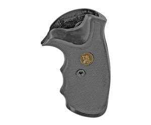 Ergonomic textured pistol grip with finger grooves and a gold emblem, a replacement grip for a handgun.
