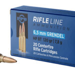 Box of Rifle Line ammunition with two 6.5 mm Grendel cartridges displayed alongside the blue cartridge box showing 20 cartridges, bullet details visible.