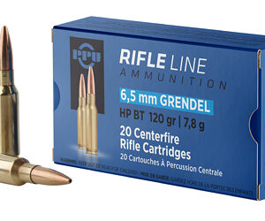 Box of Rifle Line ammunition with two 6.5 mm Grendel cartridges displayed alongside the blue cartridge box showing 20 cartridges, bullet details visible.