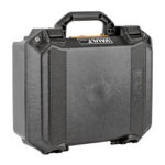 Rugged black hard-shell rolling toolbox with top handle and latches for transport.