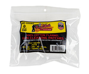Clear plastic bag containing a 100-count pack of cotton flannel gun-cleaning patches, labeled for rifle cleaning.