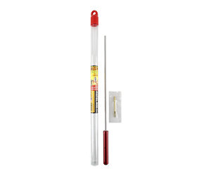 Analogue glass thermometer in a clear sleeve with a red top, shown mounted with a wall bracket and a small spare unit nearby (thermometer kit).