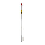 Glass thermometer with red liquid, standing upright to measure temperature on a white background.
