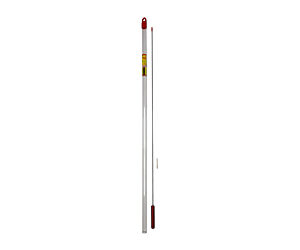Glass thermometer with red liquid, standing upright to measure temperature on a white background.