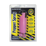 Pink pepper spray with a keyring in blister packaging labeled 'Eliminator Pepper Spray' for personal self-defense.