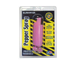Pink pepper spray with a keyring in blister packaging labeled 'Eliminator Pepper Spray' for personal self-defense.