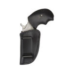 Semi-automatic pistol partially visible in a black leather holster