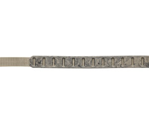 Tan fabric strap with a row of rectangular metal links along its length and a small buckle on the right end.
