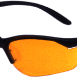 Orange-lensed wraparound sunglasses with a black frame.