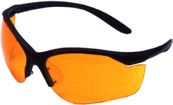 Orange-lensed wraparound sunglasses with a black frame.