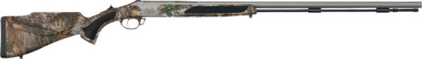 Camouflage-pattern hunting shotgun with a long barrel.