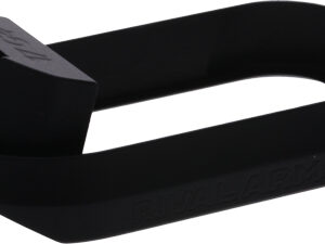 Black flexible strap with a square mounting block and threaded stud on one end, a small mounting accessory/tool part