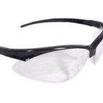 Black-frame safety glasses with clear lenses for eye protection, wraparound design.] ,