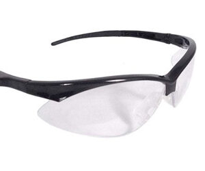 Black-frame safety glasses with clear lenses for eye protection, wraparound design.] ,