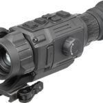 Compact tactical night-vision monocular with front lens and mounting rail, showing adjustment knobs and lens cap edge