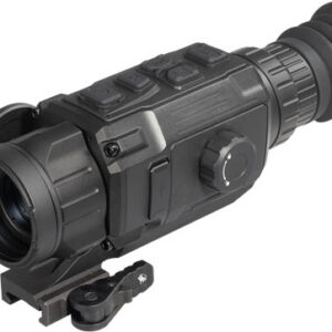 Black tactical night-vision monocular with rubber eyepiece, front lens, and side adjustment dial mounted on a rail for aiming or surveillance.