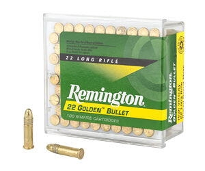 Remington .22 Long Rifle Golden Bullet ammunition box with several loose cartridges beside it.