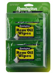 Two Remington Rem Oil Wipes in a green blister pack for firearm maintenance (two wipes).","Close-up of Remington Rem Oil Wipes packaging in a blister pack showing two wipe packets.","Green Rem Oil Wipes blister pack with two wipes for gun cleaning.