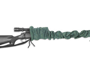 Rifle with a green rope coiled around the barrel.