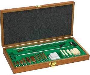 Wooden case opened to reveal a precision screwdriver set with bits, tweezers, and small accessories inside.