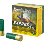 Remington Express XR shotgun ammunition box with two green 12-gauge shells placed beside it.