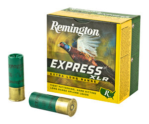 Remington Express XR shotgun ammunition box with two green 12-gauge shells placed beside it.