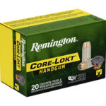 Remington Core-Lokt handgun ammunition box, green and yellow, 20 cartridges.
