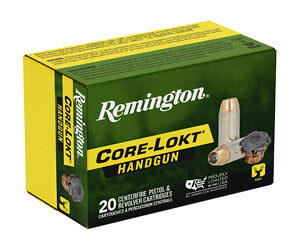 Remington Core-Lokt handgun ammunition box, green and yellow, 20 cartridges.