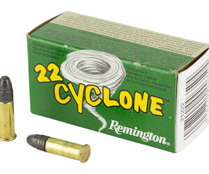 Box of Remington .22 Cyclone ammunition with two live rounds standing and lying beside it.