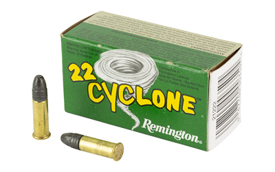 Box of Remington .22 Cyclone ammunition with two live rounds standing and lying beside it.