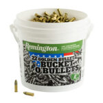 White plastic bucket labeled Remington .22 Golden Bullet Buckets O Bullets filled with small .22 caliber cartridges, with a few loose rounds outside the bucket.