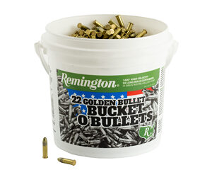 White plastic bucket labeled Remington .22 Golden Bullet Buckets O Bullets filled with small .22 caliber cartridges, with a few loose rounds outside the bucket.