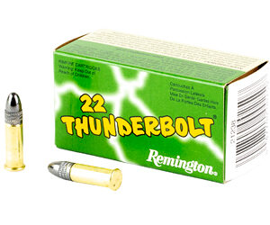 Box of Remington .22 Thunderbolt ammunition with two bullets beside it.