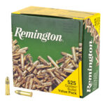 Box of Remington Golden Bullet ammunition (525 Value Pack) with a few bullets lying beside it on a white background