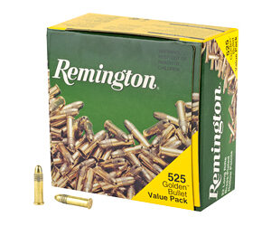Box of Remington Golden Bullet ammunition (525 Value Pack) with a few bullets lying beside it on a white background