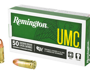 Remington UMC ammunition box reading '50 centerfire cartridges,' with two brass bullets beside it.