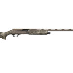 Camouflage-patterned hunting rifle with a long barrel, lying horizontally on a white background.
