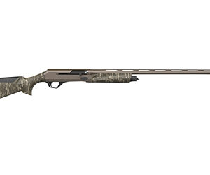 Camouflage-patterned hunting rifle with a long barrel, lying horizontally on a white background.
