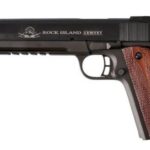 Side view of a black semi-automatic pistol with brown checkered grip and Rock Island Armory branding.